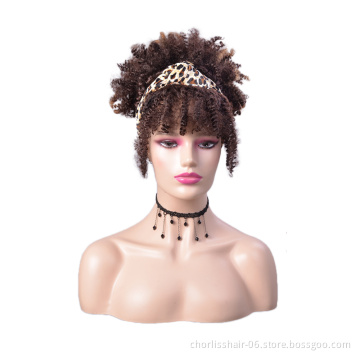 Wholesale Ombre Turban Wig Afro Wig Short With leopard band Kinky Curly Synthetic Wig With Headband Attached For Black Women